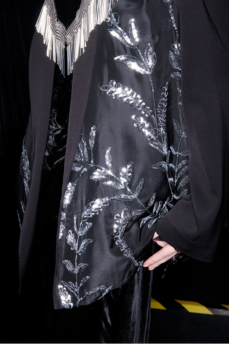 M essential Mackay designer silk-velvet crewneck tassel cape blazer dress set-  Benny.