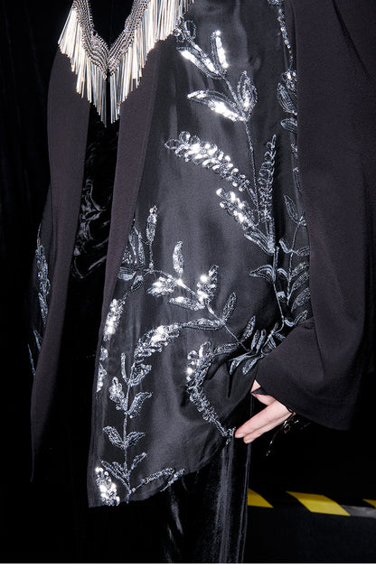 M essential Mackay designer silk-velvet crewneck tassel cape blazer dress set-  Benny.