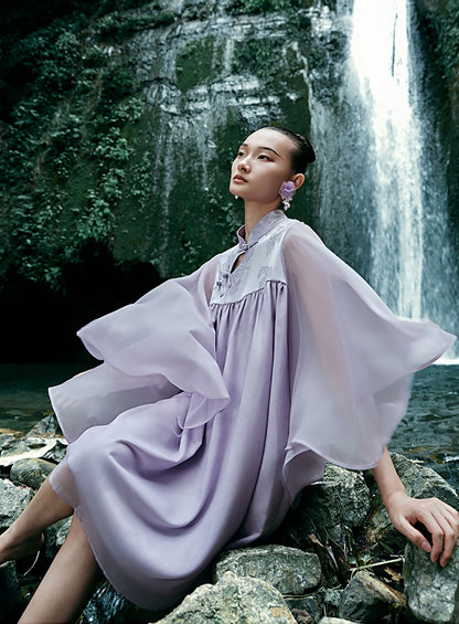 HECO [Feng Wu Clear Sleeves] New Chinese Standing Collar Buckle Flowing Dress- CLOAK.