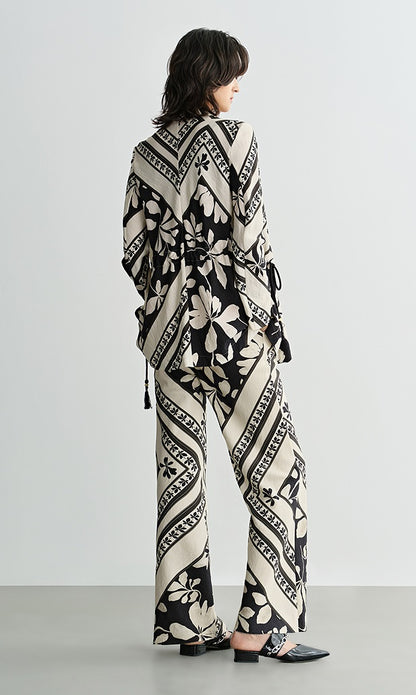COMME MOI printed tassel black and white print waist suit  - AURORA.