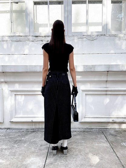 ANNAKIKI Black and White Striped Vintage Belt Trim Striped Skirt-RAVY