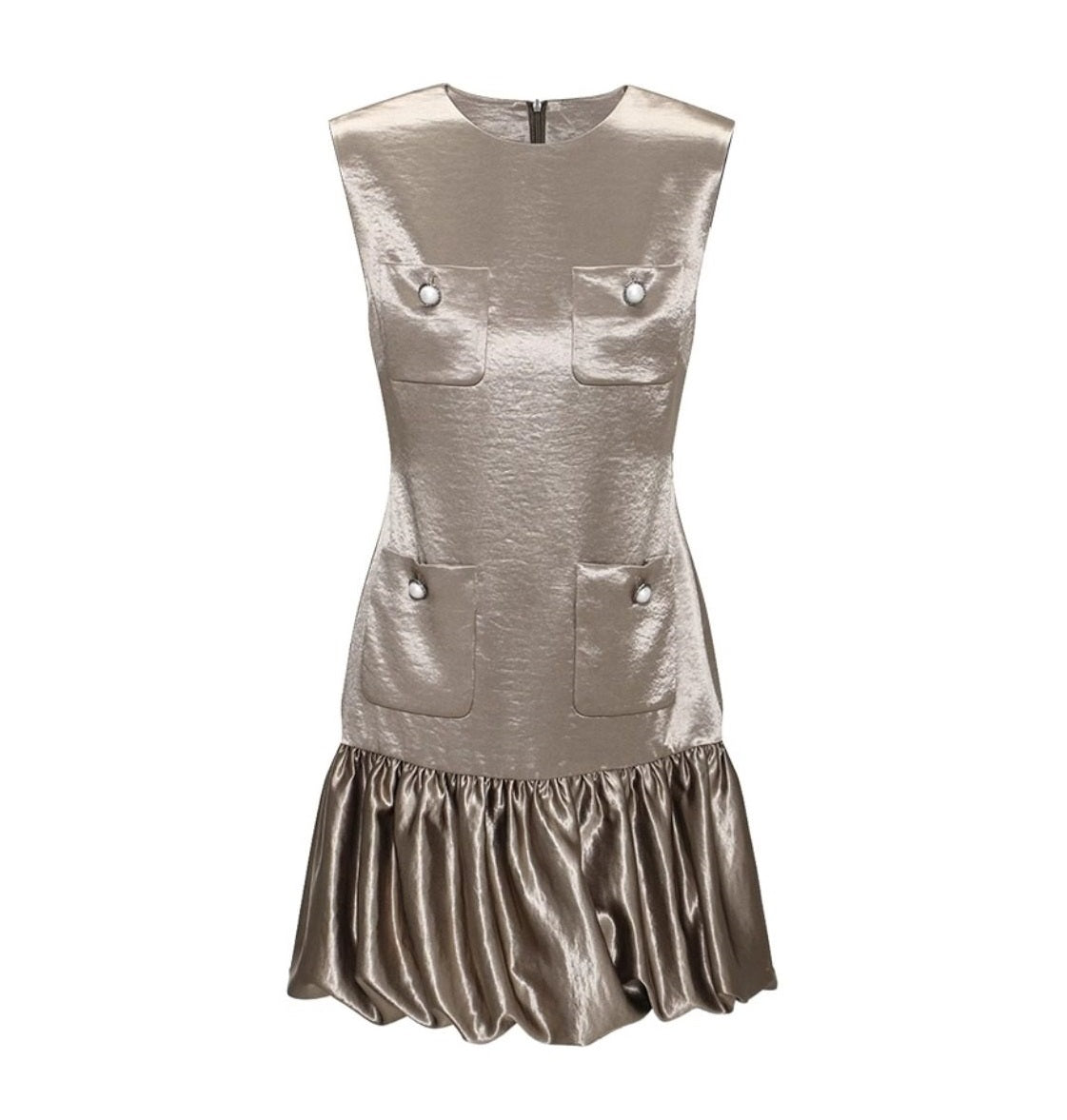 WANGXO Satin Gilt Pleated Flower Bud Hem Round Neck Sleeveless Waist Dress - CERYS
