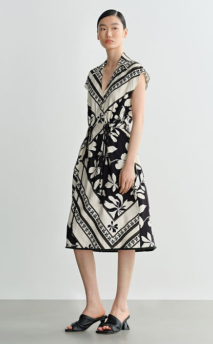 COMME MOI Lv Yan designer's new summer women's print shirred tassel waist dress - GOLDIE.