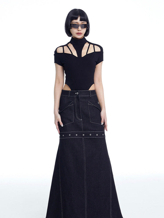 TINY IN black denim women's long a-line skirt -SALEM