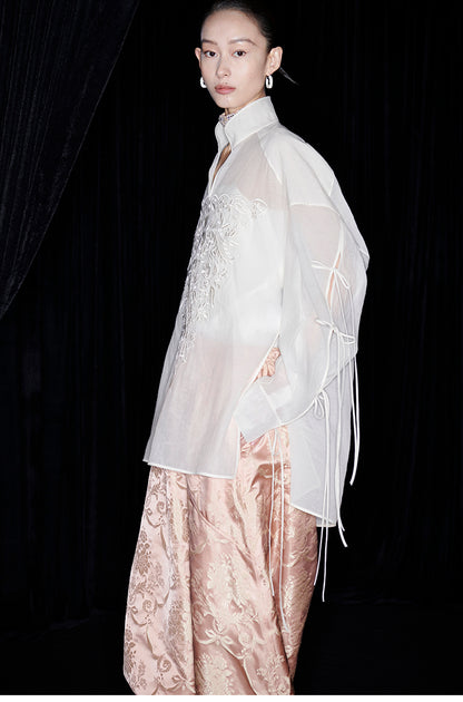 M essential Mackay designer soft-paper pale overshirt with pavement embroidery - serious.