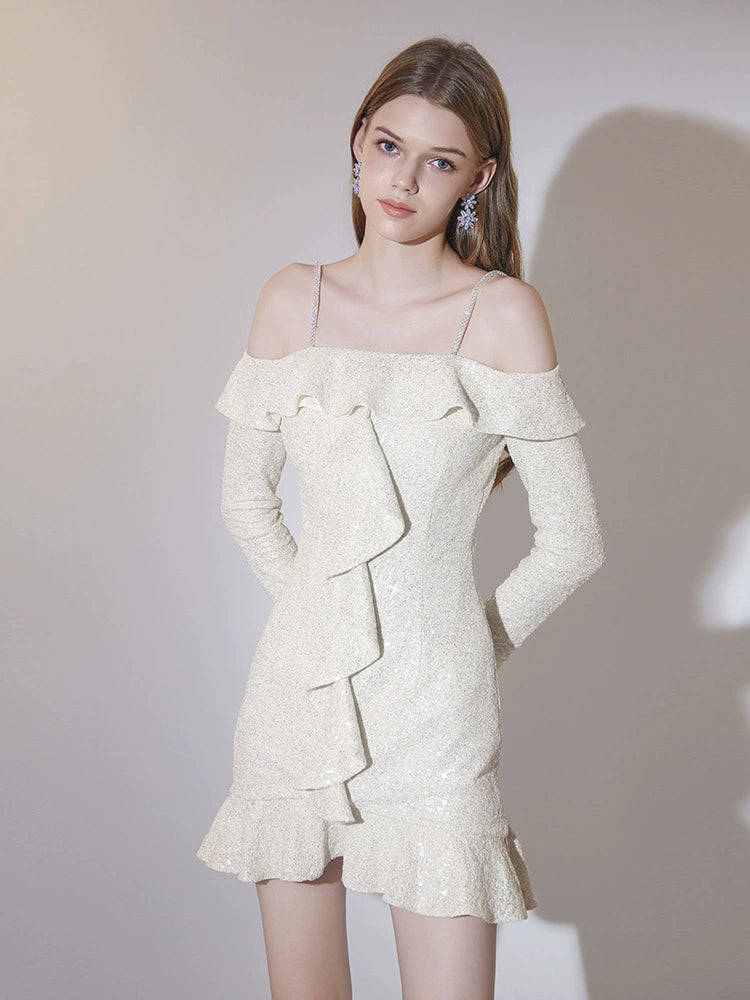 Wardrobes by Chen Elegant Beige Golden Strap Long Sleeve Ruffle Party Dress-TRUDY