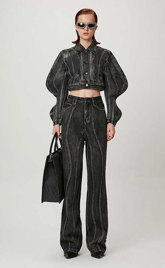 ANNAKIKI  Wave sleeve split denim jacket-MIDORIYA.