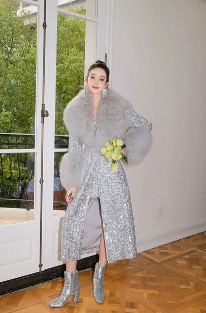 Wardrobes By Chen Elegant V-Neck Long Sleeve Long Wool Coa t- Fin