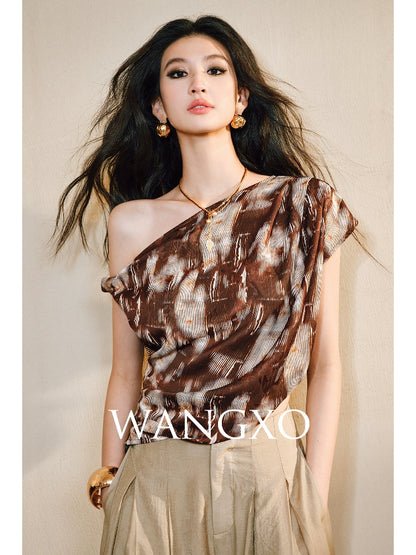 WANGXO Heavy Work Glossy Satin Hand-Pinched Pleats Slanted Shoulders Twisted Top - CERYS