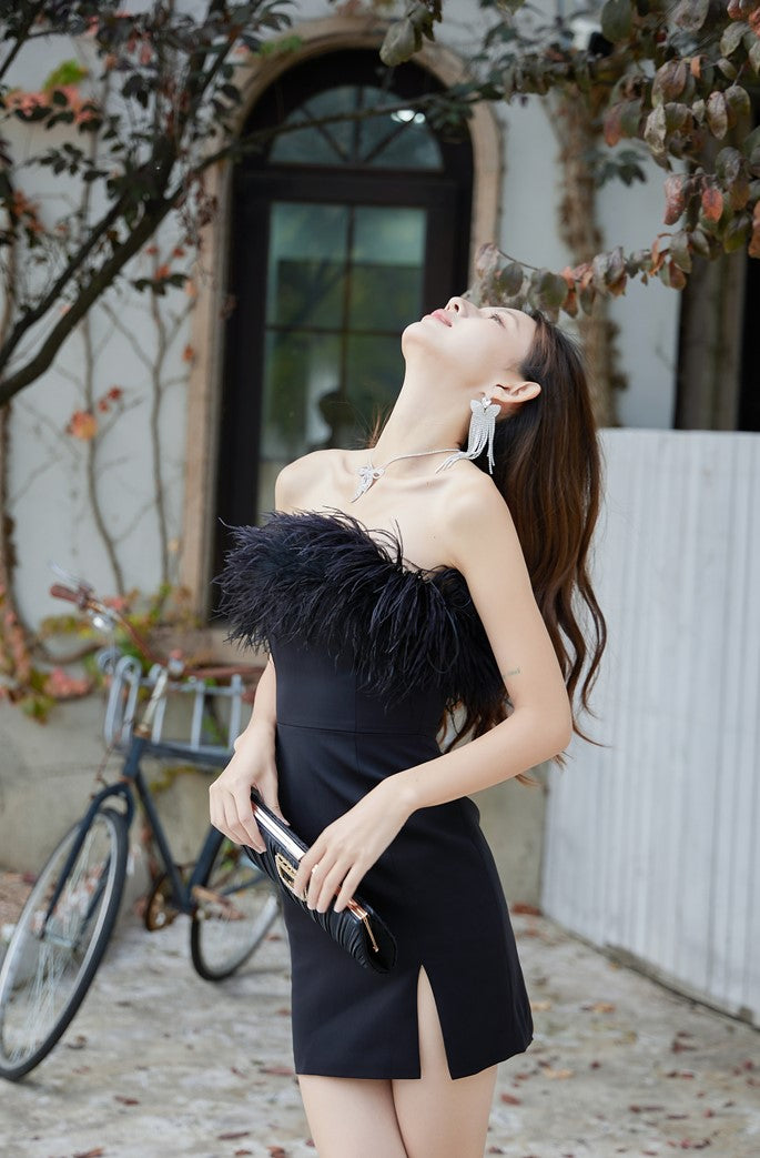 DOLLY Luxury Black/White Off Shoulder Fluffy Feather Short Slit Date Dress-JEMMA