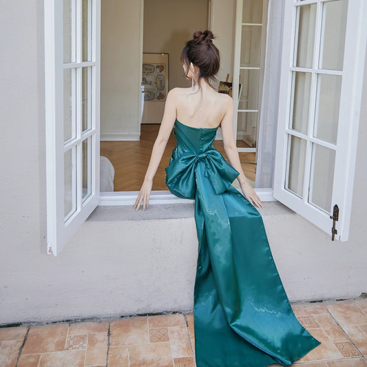 DOLLY Luxury Deep Green Big Bow Off Shoulder Tube Top Pleated Hip Date Dress-NUEL