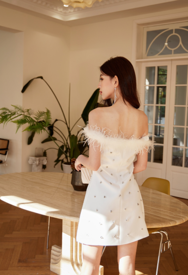 DOLLY Elegant French Style Sleeveless Feather Off Shoulder Short Party Dress-KELLER