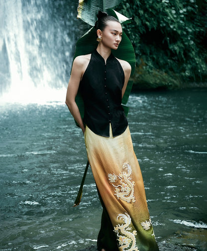 HECO Chinese blended gradient golden dragon embroidered straight skirt - RELY.