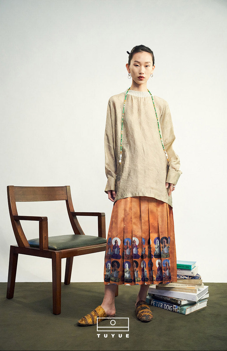 TUYUE Dunhuang Mural Print Satin Pleated Skirt- ELLA.