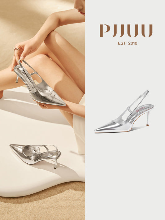 Pjjuu Women's Summer Leather Sandals With Silver Stiletto Heels - SOME