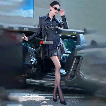 VJE Striped Shirt Pleated Short Skirt Two-Piece Suit Set - PAPA.