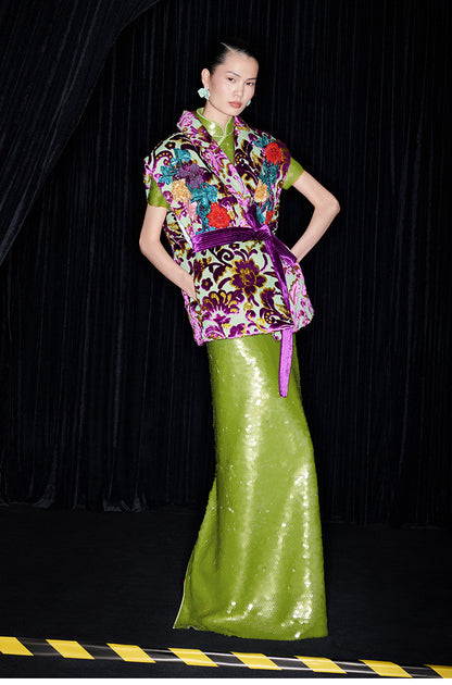 M essential Mackay luxury multi-color embroidered gilet vest top sequin green skirt - twelve