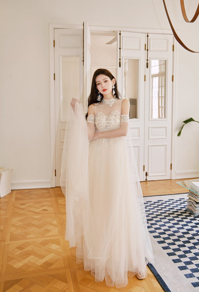 DOLLY Elegant Flower Stand Collar Sleeveless High Waist Tutu Wedding Dress-BELINDA