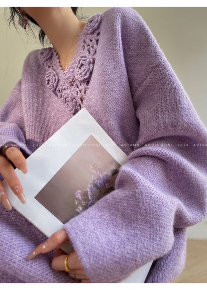 Aconiconi|Purple Flower Crochet openwork long cropped loose wool knit sweater  dress - Twilight