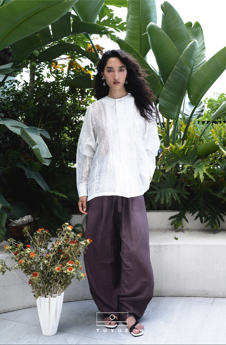 TUYUE Brown Red Elastic Waist Loose Drape Casual Pants - CLARA.