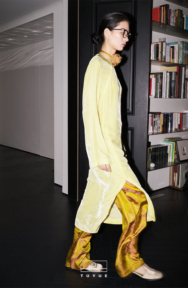 TUYUE yellow silk satin jacquard casual straight-leg pants - JAMAL.