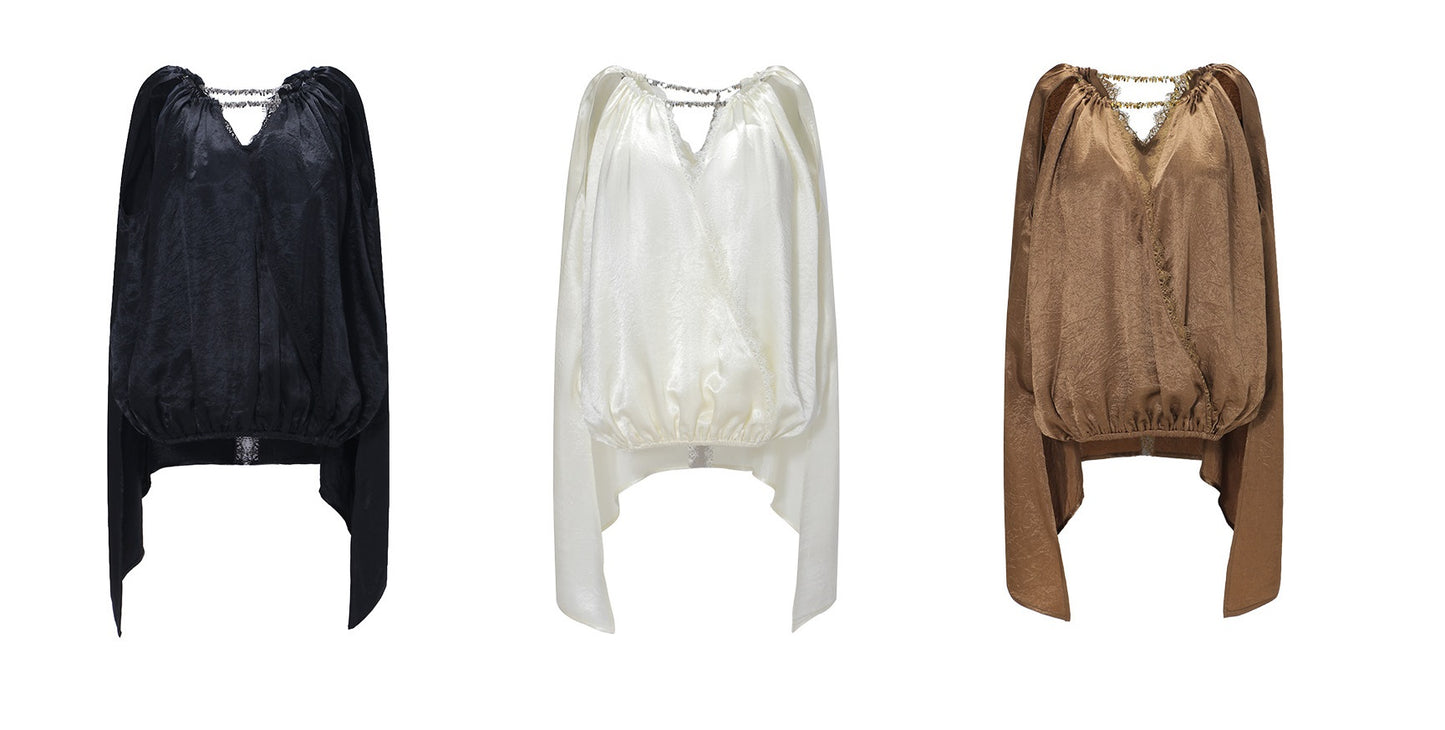 WANGXO| Acetate  Lace-Trimmed Metal Chain Halterneck V-Neck Pleated Top -AYRA.