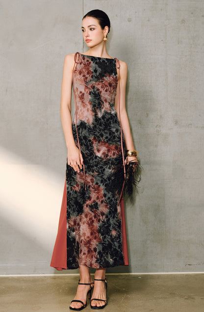 WANGXO | Artistic Ink Smudge Flora Knit Patchwork Contrast Tulle One-Shoulder Fishtail Dress with Flowing Gradient Drama -XINA