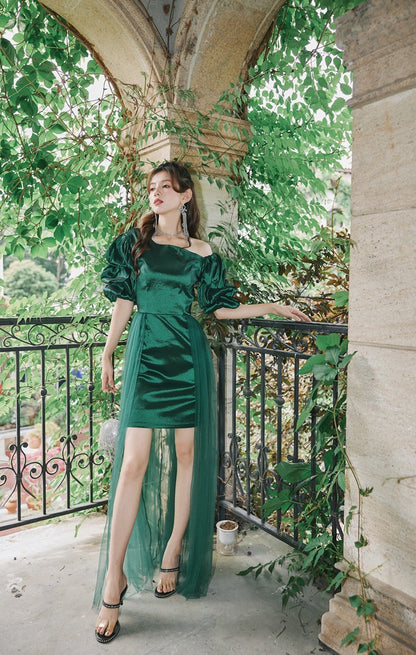 DOLLY Elegant Dark Green Retro Style Slant Collar Short Puff Sleeve Short Banquet Dress-CHITAH