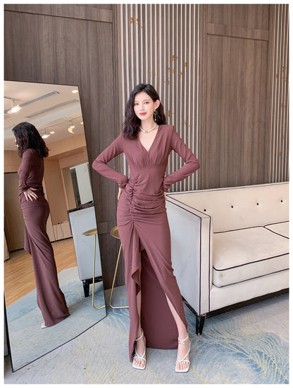 DOLLY Retro Style V-Neck Long Sleeve Pleated Waist Long Slit Dinner Dress-NEYO
