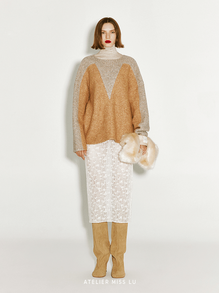 ATELIER MISS LU Love Geometric Fun Contrasting Sheep Wool Sweater - NESS.