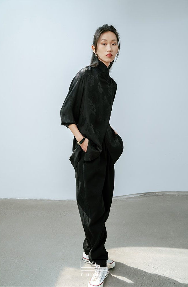 TUYUE Chinese style black light dress satin jacquard long-sleeved shirt- MIKE.