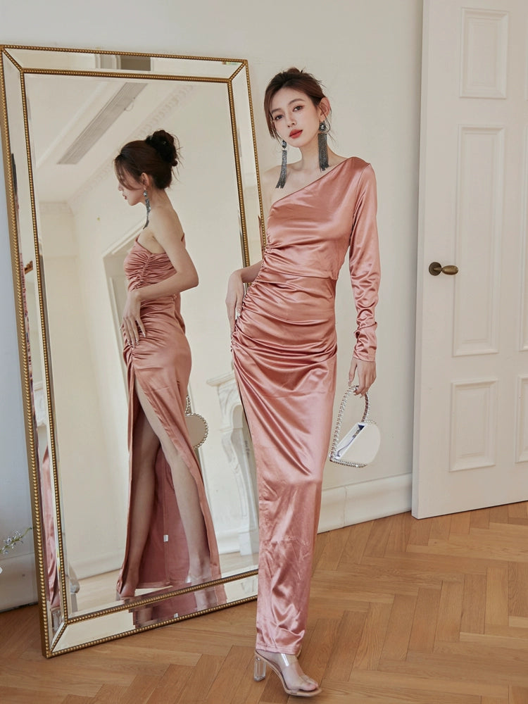 DOLLY Elegant Peach French Style Slopping Shoulder Long Sleeve Dinner Dress-ESME