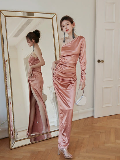 DOLLY Elegant Peach French Style Slopping Shoulder Long Sleeve Dinner Dress-ESME