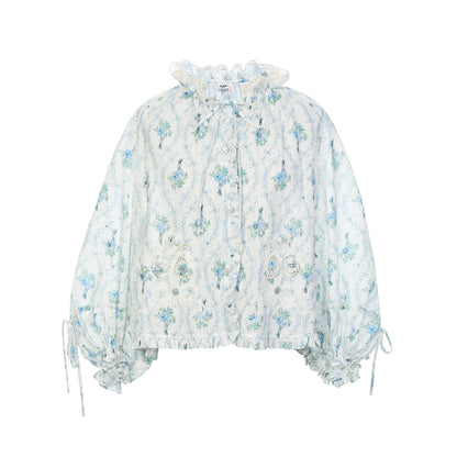 FAME printed disc rope bead embroidered ruffled cutout top - MARCUS