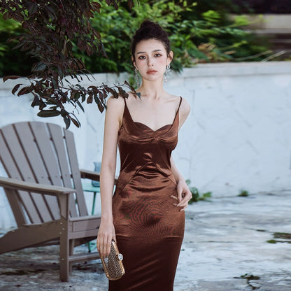 DOLLY Elegant Brown Sleeveless Satin Slim Fit Hip Hug Long Dinner Dress-CRESSIDA