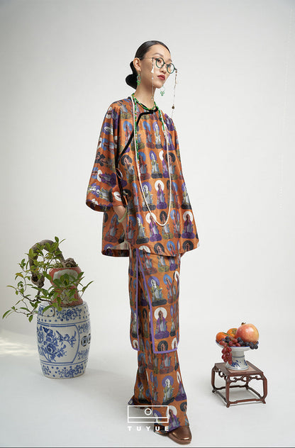 TUYUE Dunhuang mural printed Chinese morning long-sleeved robe- BENNY.