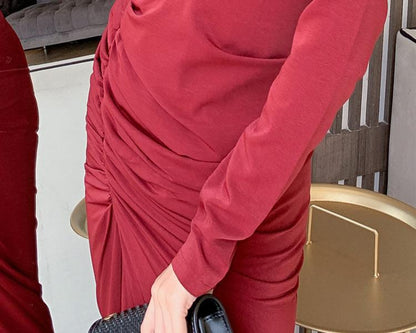 DOLLY Retro Style V-Neck Long Sleeve Pleated Waist Long Slit Dinner Dress-NEYO