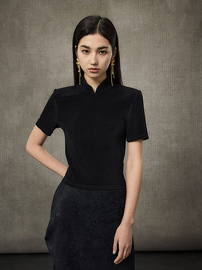 HECO Disc Button Acetate Knit Drop Neck T-Shirt - ROMAN.