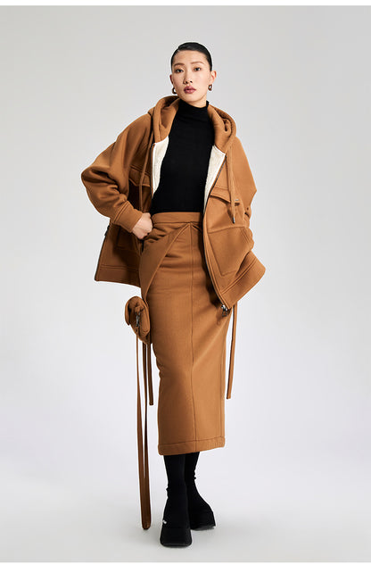 LEDIM W camel brown winter knitted velvet slit skirt - yule