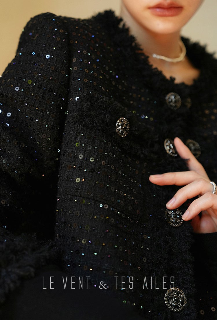 LE VENT&TES AILES High-end Luxury Heavy Work sequin Tweed Jacket Skirt Suit-FINN