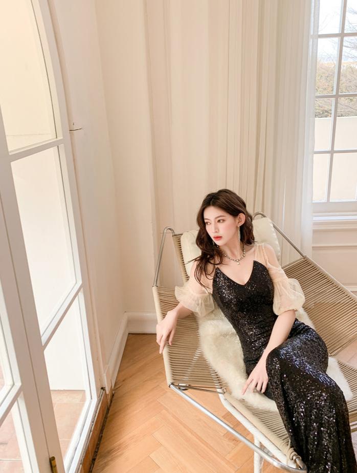 DOLLY Elegant Black Glitter Mesh Long Puff Sleeve Sequin Evening Dress-NUNU