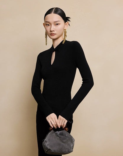 HECO red black white wool Blend twisted cut-out stand collar long-sleeved Knit- secret.