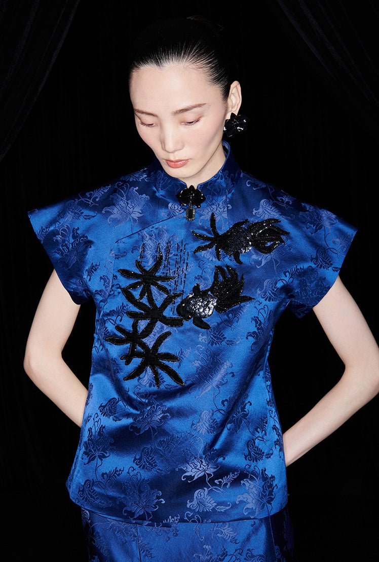 M essential Ma Kai designer Haiqing jacquard gag fish algae pattern nail bead top - CHEN.