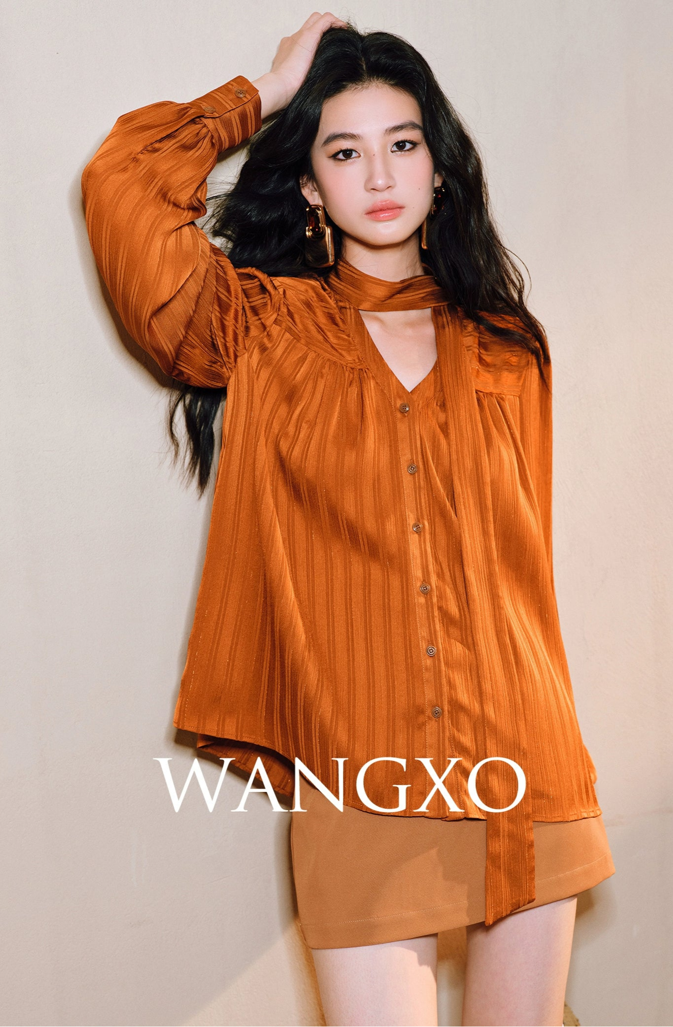 WANGXO Bright Silk Satin with 3D Drawstring Detail Temperament V-Neck - LENNA