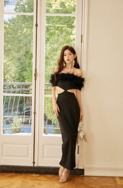 DOLLY Luxury Black Feather Tube Top Waist Baring Slim Fit Long Cocktail Dress-JAJA