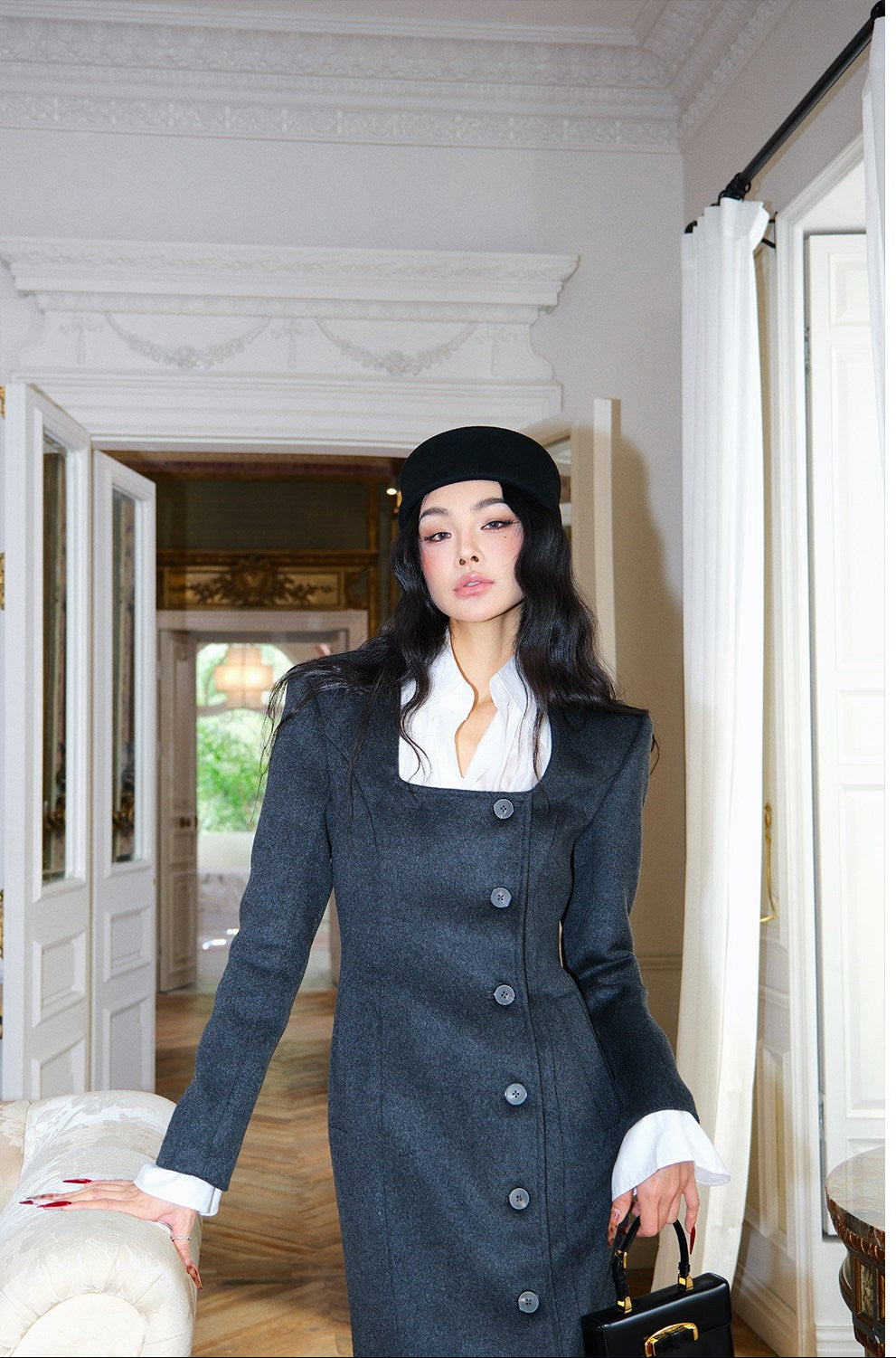 MEI SANGUAN Wool-Blend Square-Neck French Vintage Dress - MASON