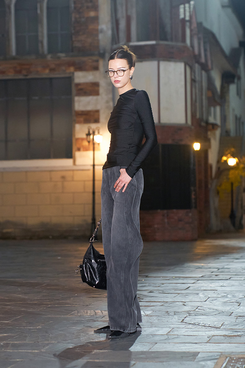 ANNAKIKI black pleated texture long-sleeved  top for women-VENUS