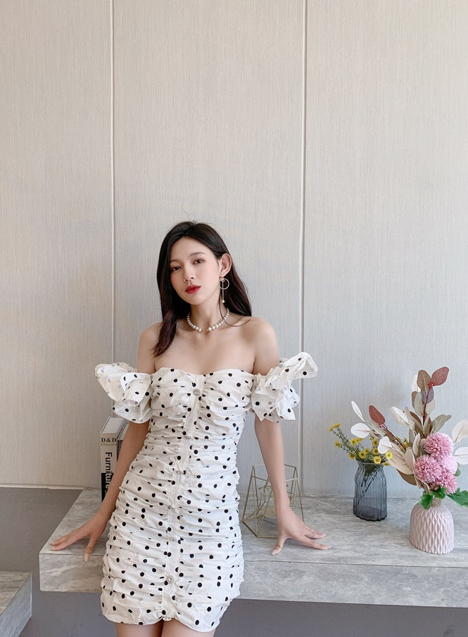 DOLLY Elegant White Off Shoulder Short Puff Sleeve Slim Fit Short Polka Dot Dress-MINA