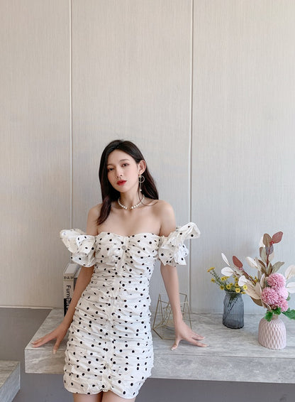 DOLLY Elegant White Off Shoulder Short Puff Sleeve Slim Fit Short Polka Dot Dress-MINA