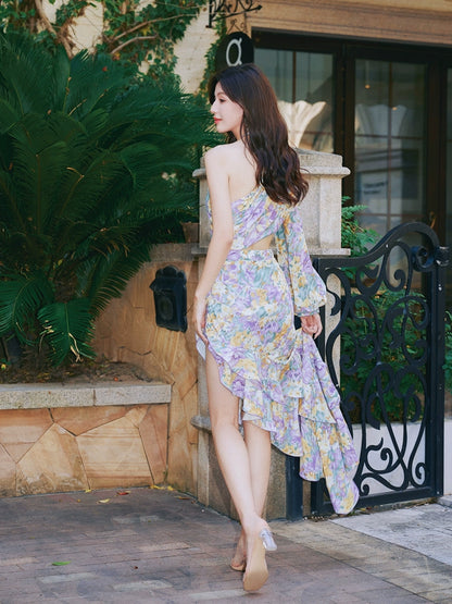 DOLLY Elegant Slant Collar Long Puff Sleeve Hollow Irregular Ruffled Hem Dress-KIERA